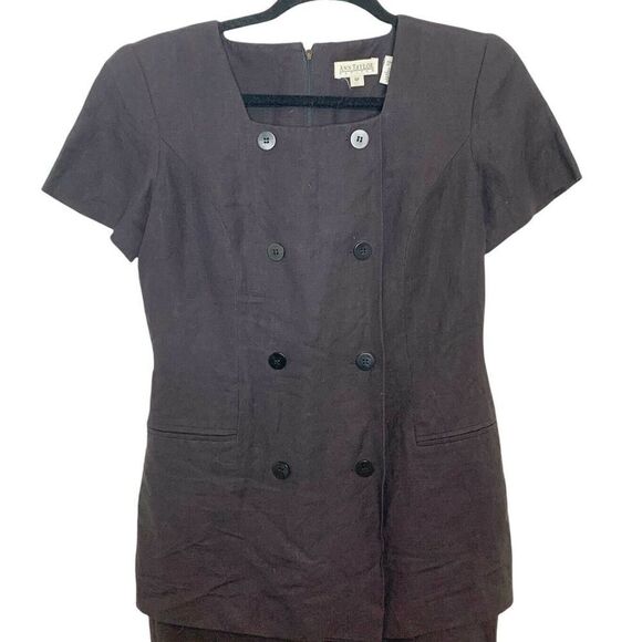 Ann Taylor Petites Sz 4 80s Black Double Breast Button Blazer Skirt Style Dress - Picture 5 of 12